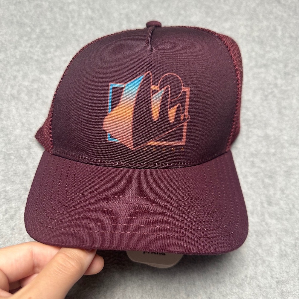 Prana Roads Ahead Trucker Hat Maroon Fig Signals Graphic Snapback Mesh Cap NEW